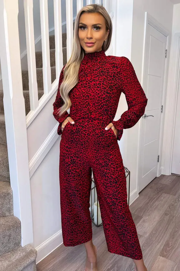 AX Paris Red Animal Print Elasticated Neck Jumpsuit Women Jumpsuits And Playsuits