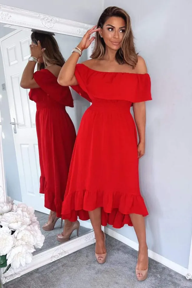 AX Paris Red Bardot Style Midi Dress Women Dresses