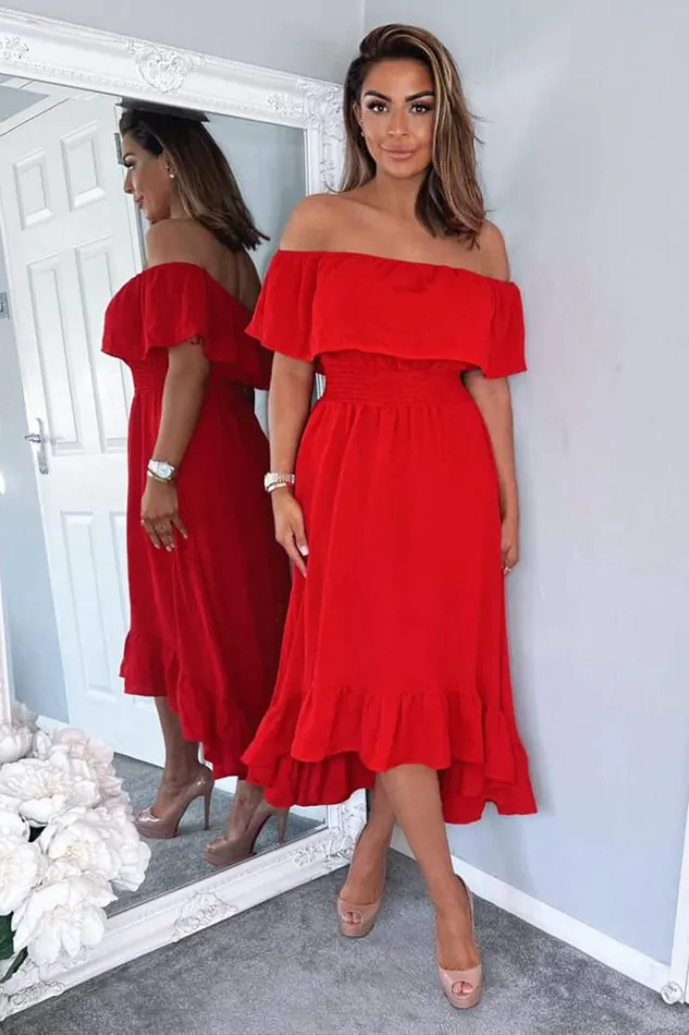 AX Paris Red Bardot Style Midi Dress Women Dresses