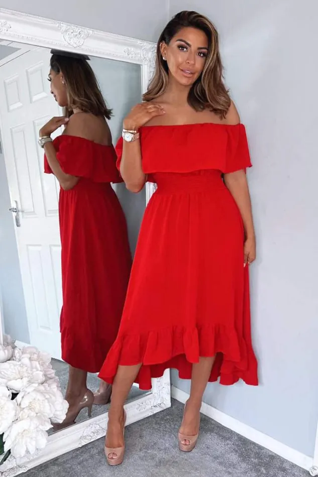 AX Paris Red Bardot Style Midi Dress Women Dresses