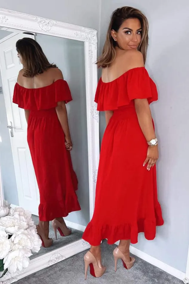 AX Paris Red Bardot Style Midi Dress Women Dresses