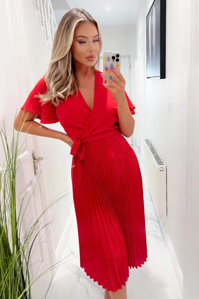 AX Paris Red Belted Pleated Skirt Midi Dress Women Dresses