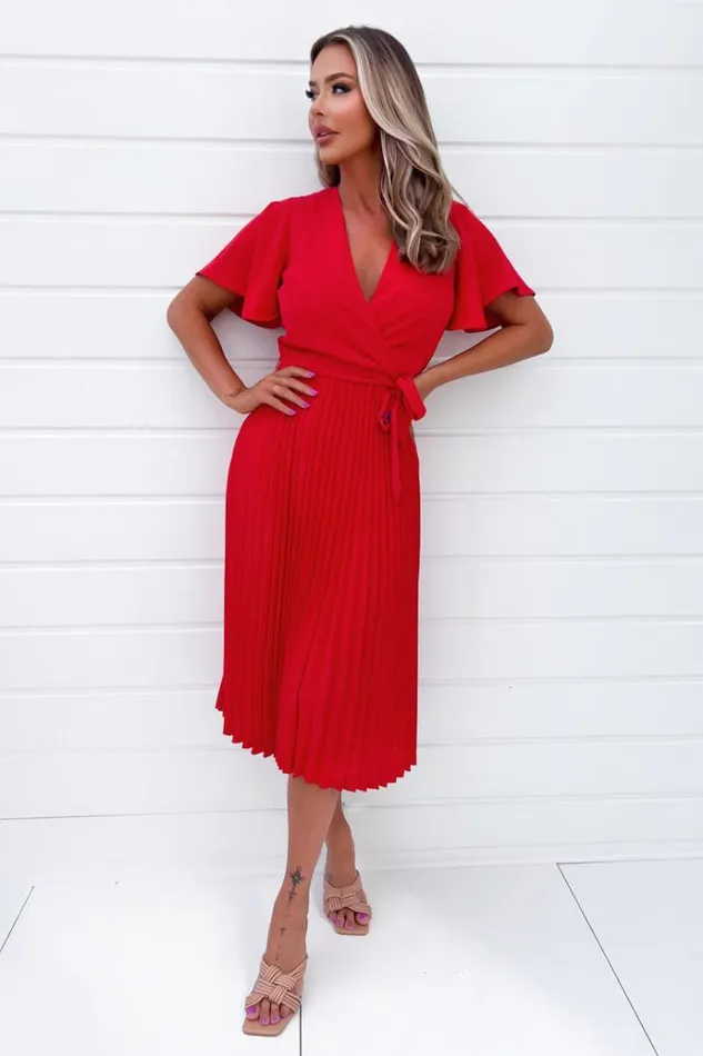 AX Paris Red Belted Pleated Skirt Midi Dress Women Dresses