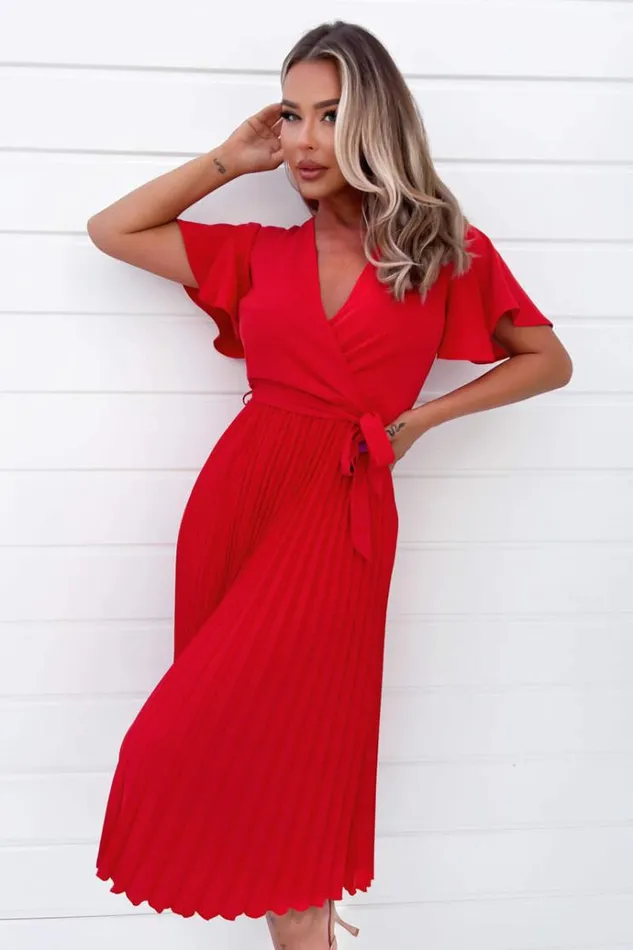 AX Paris Red Belted Pleated Skirt Midi Dress Women Dresses