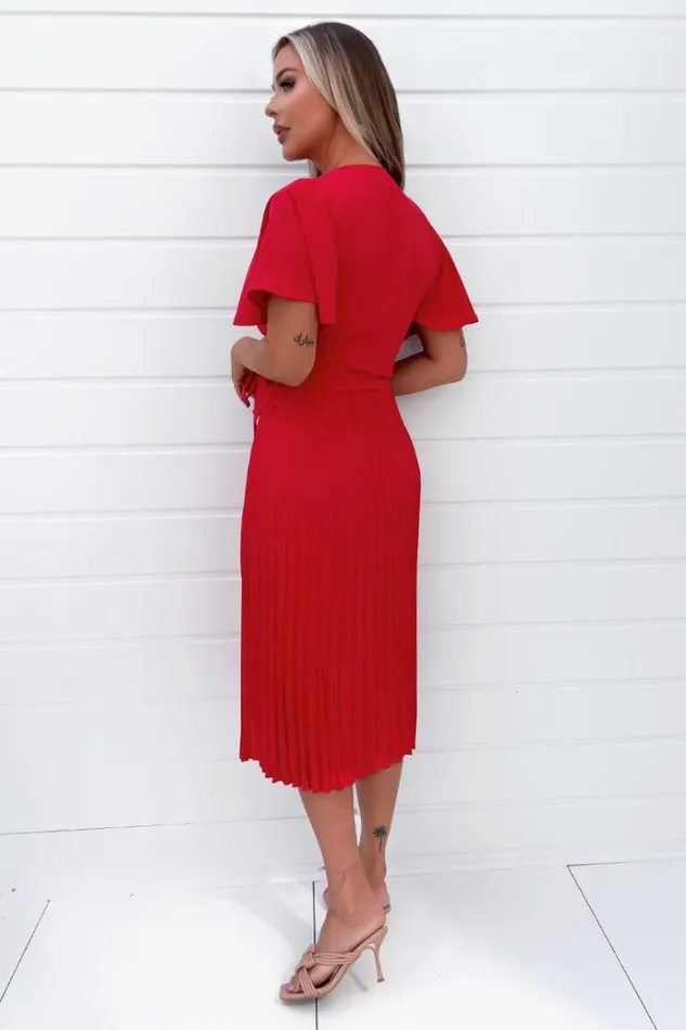 AX Paris Red Belted Pleated Skirt Midi Dress Women Dresses