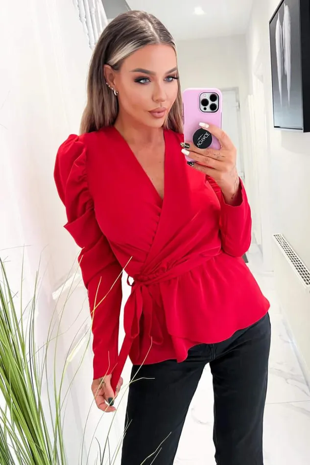 AX Paris Red Belted Wrap Long Sleeve Top Women Tops