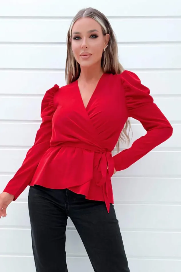 AX Paris Red Belted Wrap Long Sleeve Top Women Tops