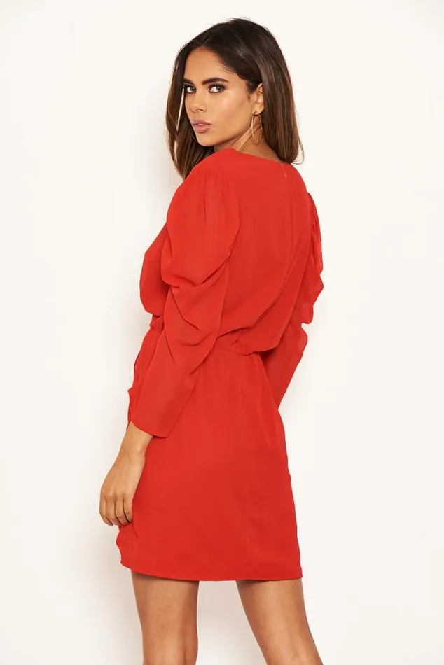 AX Paris Red Chiffon Frill Front Dress Women Dresses