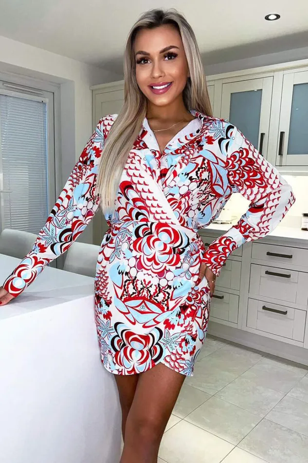 AX Paris Red Cream And Blue Printed Gathered Side Wrap Over Dress Women Dresses