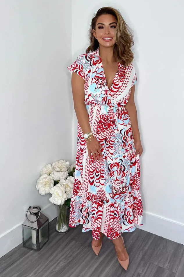 AX Paris Red Cream And Blue Printed Maxi Smock Dress Women Dresses