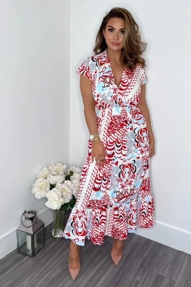AX Paris Red Cream And Blue Printed Maxi Smock Dress Women Dresses