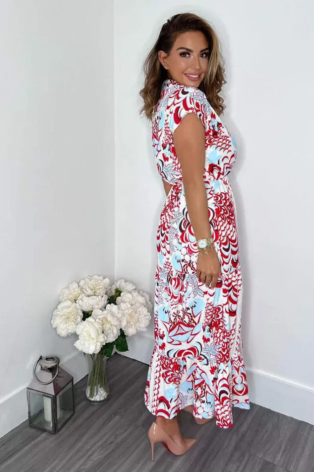 AX Paris Red Cream And Blue Printed Maxi Smock Dress Women Dresses