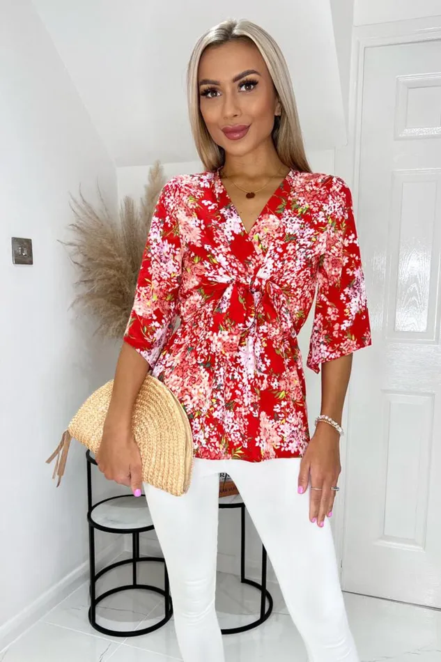 AX Paris Red Floral Front Tie Wrap Top Women Tops