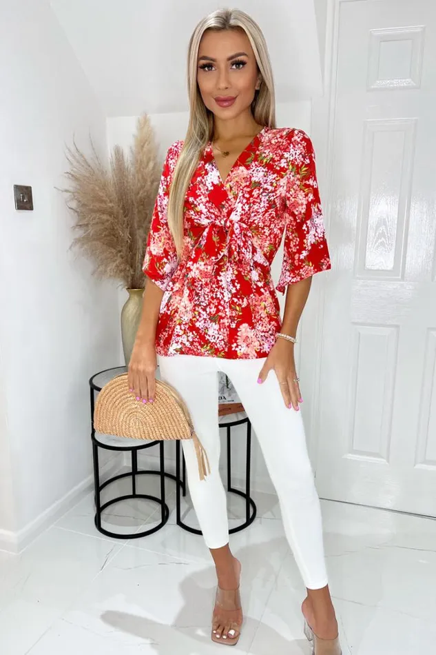 AX Paris Red Floral Front Tie Wrap Top Women Tops