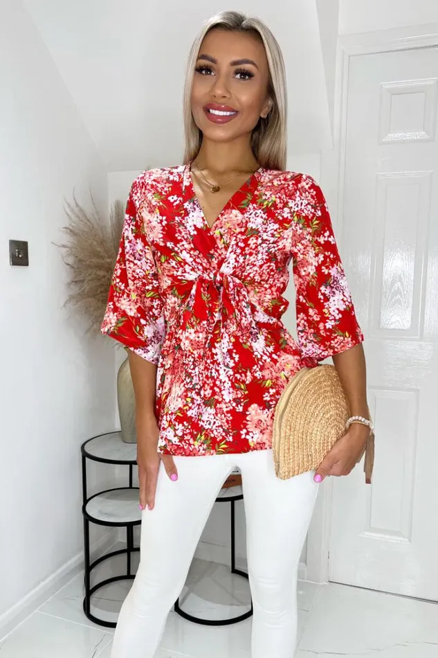 AX Paris Red Floral Front Tie Wrap Top Women Tops