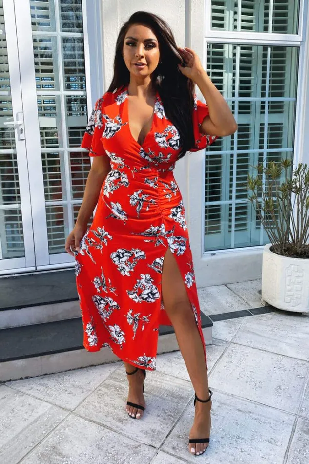 AX Paris Red Floral Print Bell Sleeve Midi Dress Women Dresses