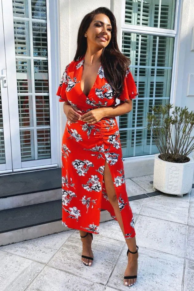 AX Paris Red Floral Print Bell Sleeve Midi Dress Women Dresses