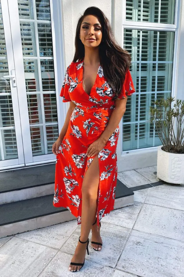 AX Paris Red Floral Print Bell Sleeve Midi Dress Women Dresses