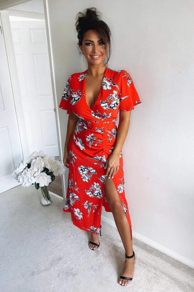 AX Paris Red Floral Print Bell Sleeve Midi Dress Women Dresses