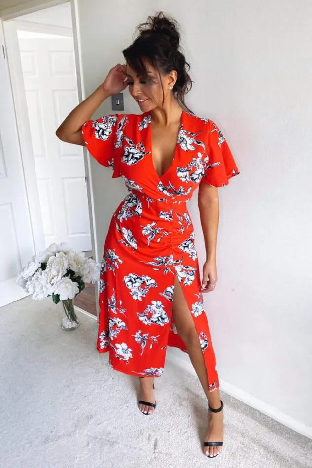 AX Paris Red Floral Print Bell Sleeve Midi Dress Women Dresses