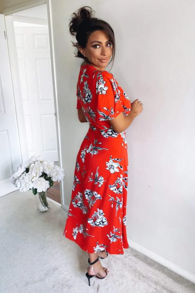 AX Paris Red Floral Print Bell Sleeve Midi Dress Women Dresses