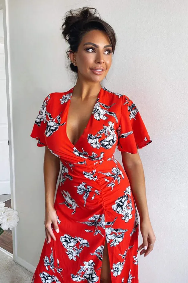 AX Paris Red Floral Print Bell Sleeve Midi Dress Women Dresses