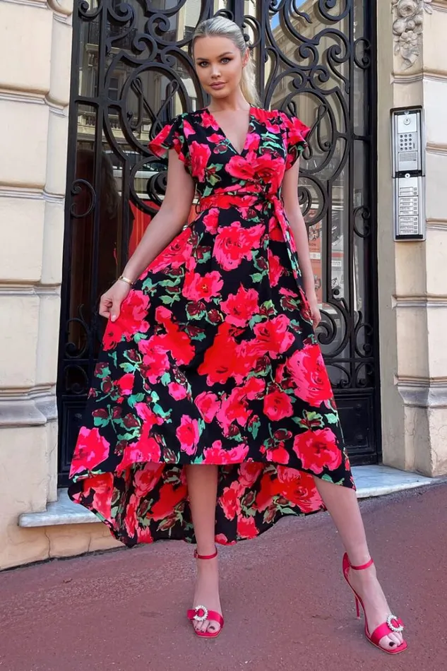 AX Paris Red Floral Print Short Sleeve Belted Wrap Midi Dress Women Dresses