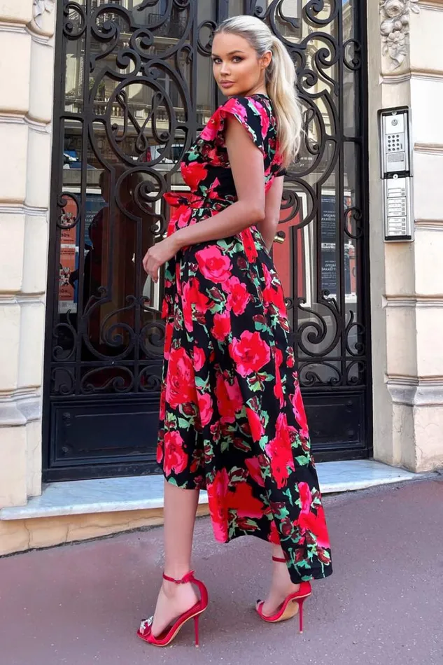 AX Paris Red Floral Print Short Sleeve Belted Wrap Midi Dress Women Dresses