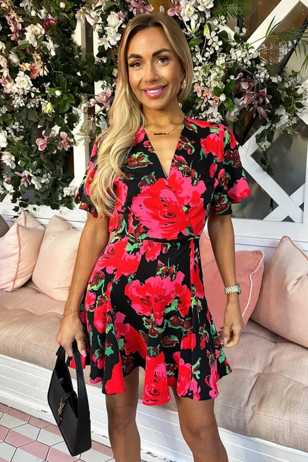 AX Paris Red Floral Print Wrap Top Skater Dress Women Dresses