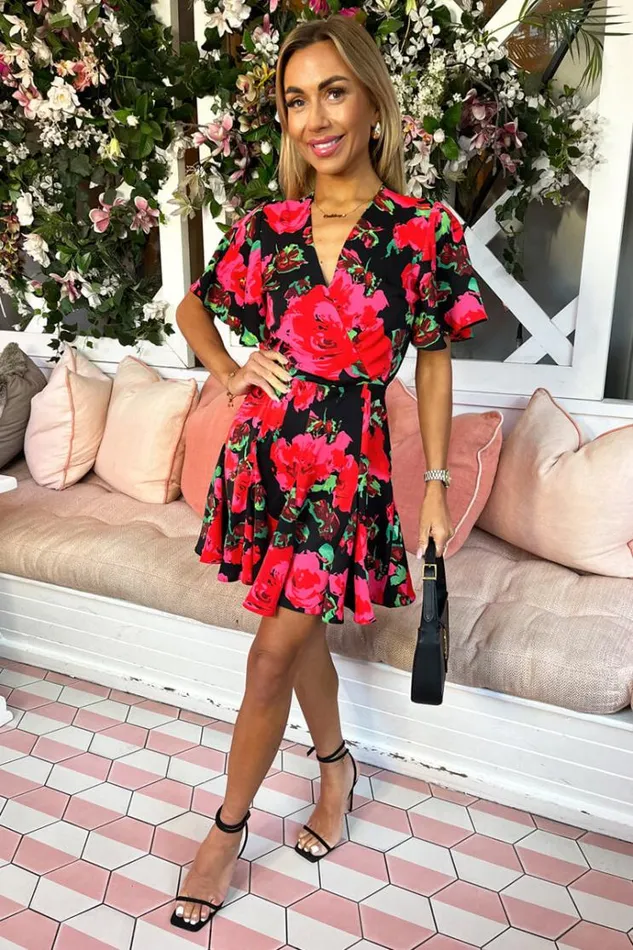 AX Paris Red Floral Print Wrap Top Skater Dress Women Dresses