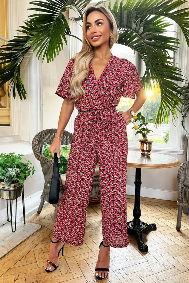 AX Paris Red Floral Printed Butterfly Sleeve Belted Jumpsuit Women Jumpsuits And Playsuits AX Paris Red Floral Printed Butterfly Sleeve Belted Jumpsuit Women Jumpsuits And Playsuits