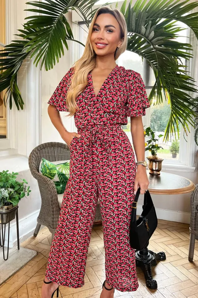 AX Paris Red Floral Printed Butterfly Sleeve Belted Jumpsuit Women Jumpsuits And Playsuits