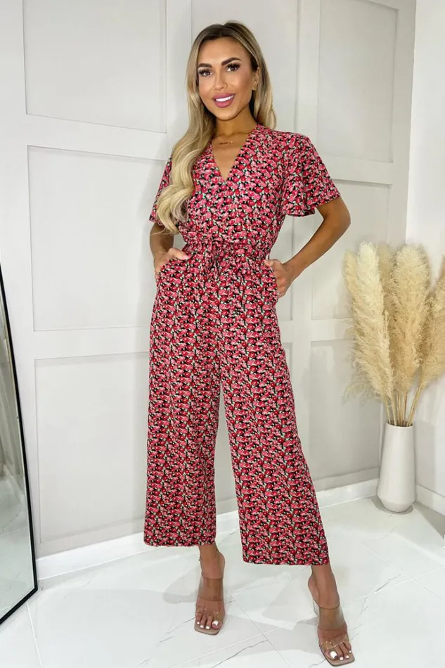 AX Paris Red Floral Printed Butterfly Sleeve Belted Jumpsuit Women Jumpsuits And Playsuits