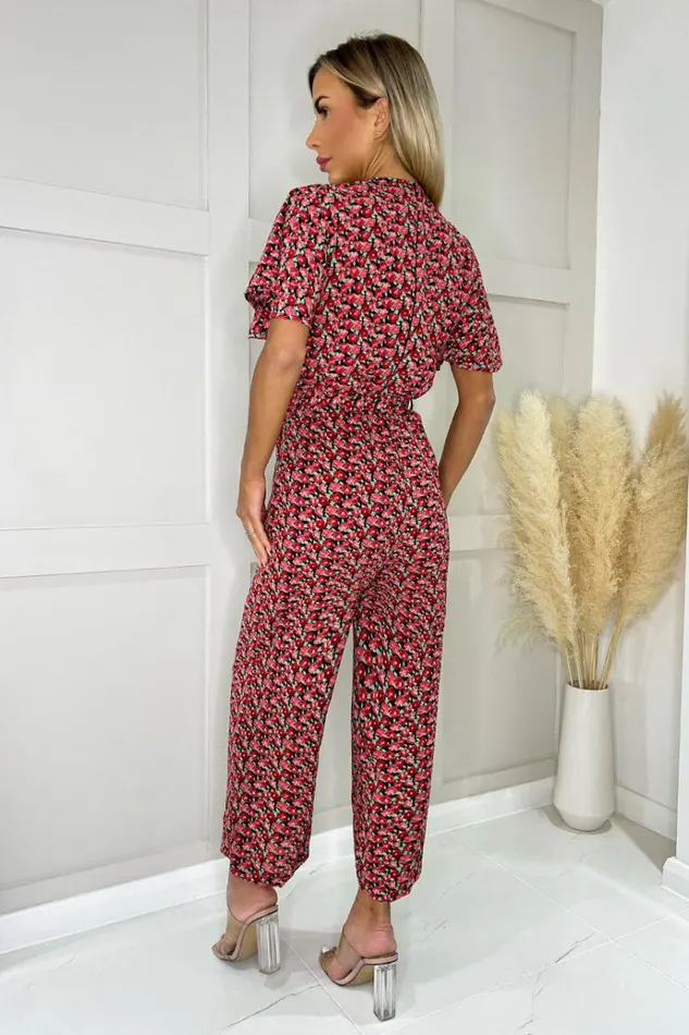 AX Paris Red Floral Printed Butterfly Sleeve Belted Jumpsuit Women Jumpsuits And Playsuits
