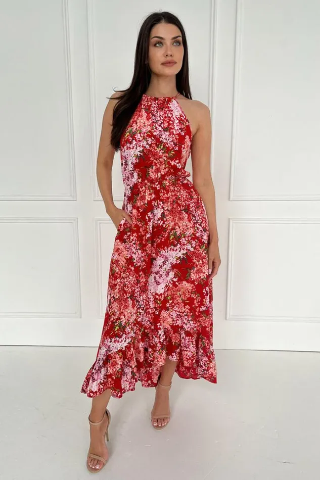 AX Paris Red Floral Printed Frill Hem High Neck Midi Dress Women Dresses