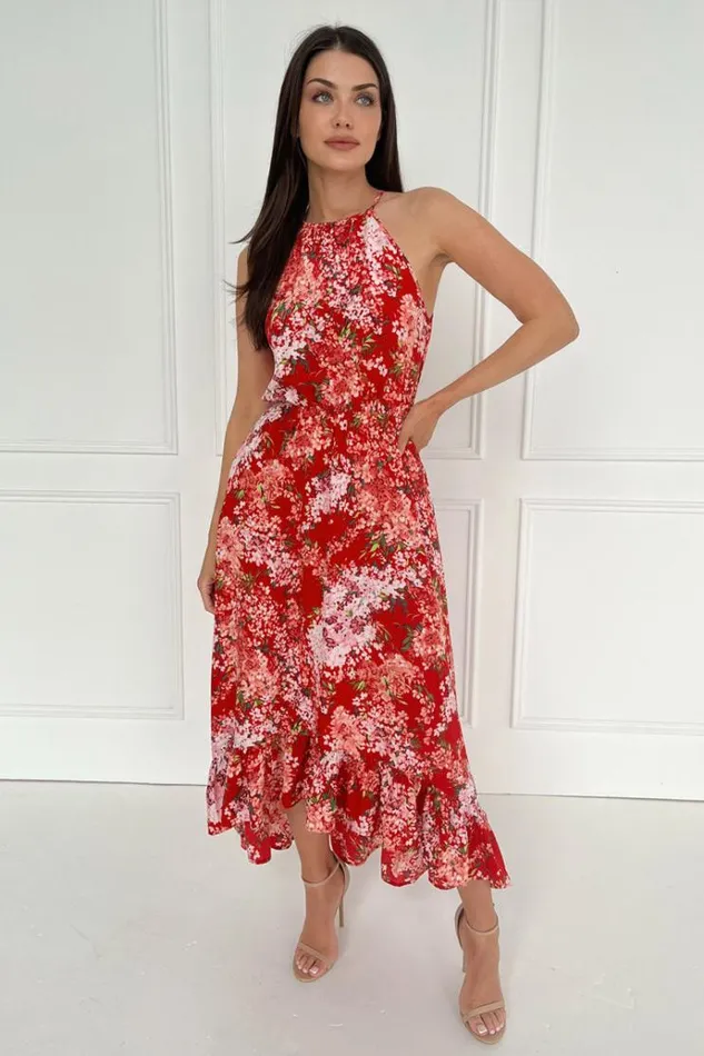 AX Paris Red Floral Printed Frill Hem High Neck Midi Dress Women Dresses