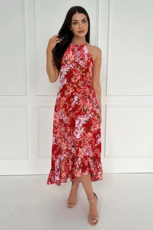 AX Paris Red Floral Printed Frill Hem High Neck Midi Dress Women Dresses