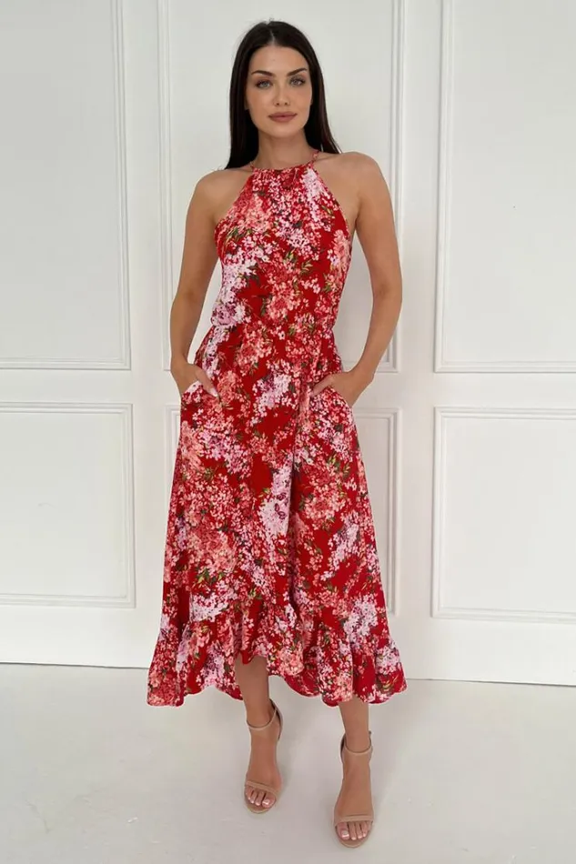 AX Paris Red Floral Printed Frill Hem High Neck Midi Dress Women Dresses