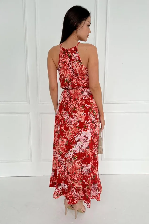 AX Paris Red Floral Printed Frill Hem High Neck Midi Dress Women Dresses