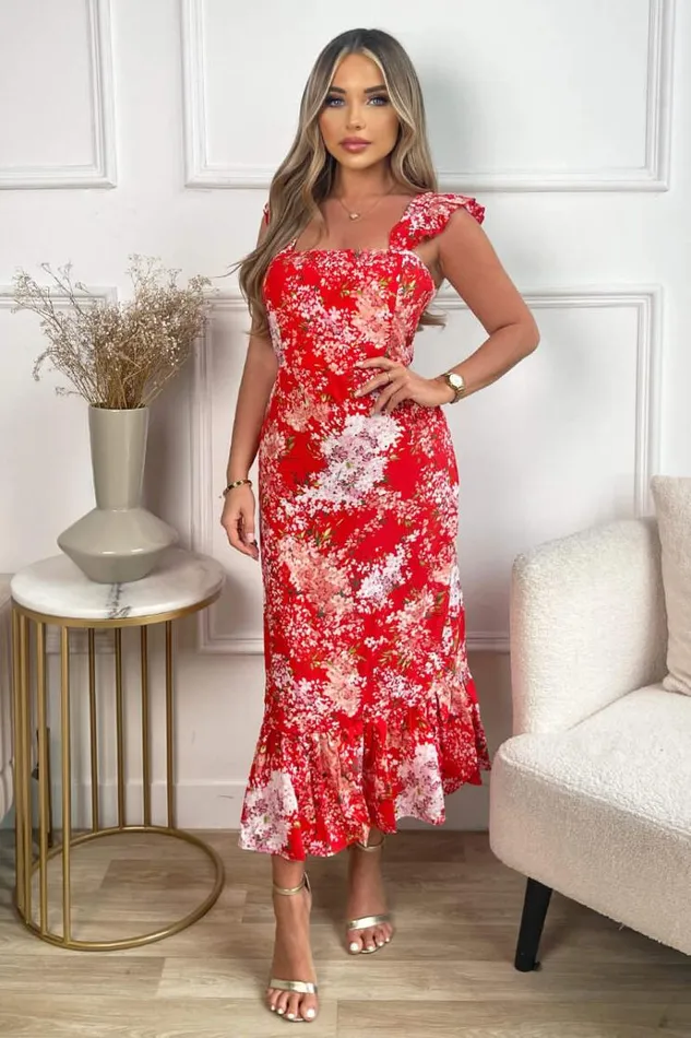 AX Paris Red Floral Printed Frill Strap Midi Dress Women Dresses