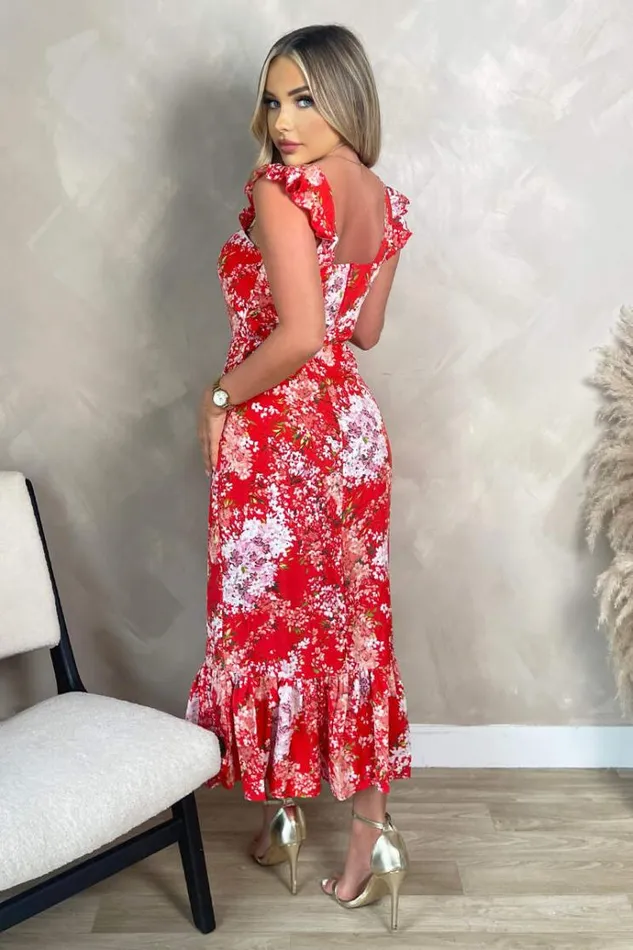 AX Paris Red Floral Printed Frill Strap Midi Dress Women Dresses