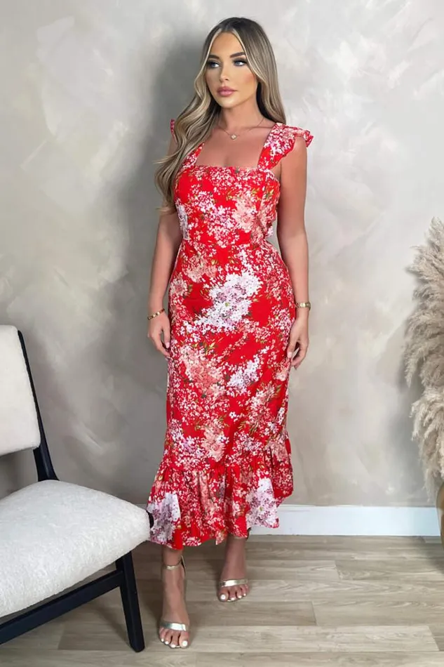 AX Paris Red Floral Printed Frill Strap Midi Dress Women Dresses