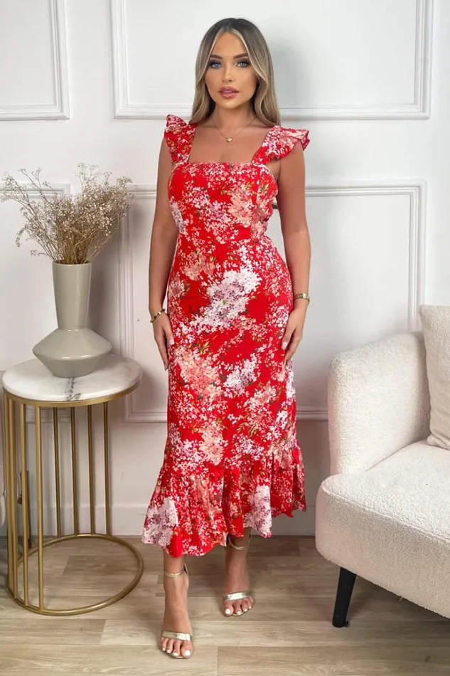 AX Paris Red Floral Printed Frill Strap Midi Dress Women Dresses