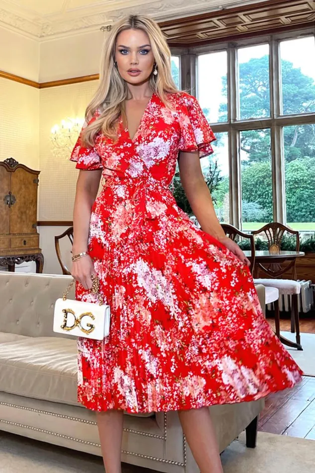 AX Paris Red Floral Printed Pleated Midi Dress Women Dresses