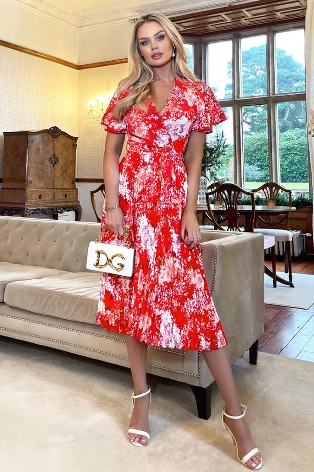AX Paris Red Floral Printed Pleated Midi Dress Women Dresses