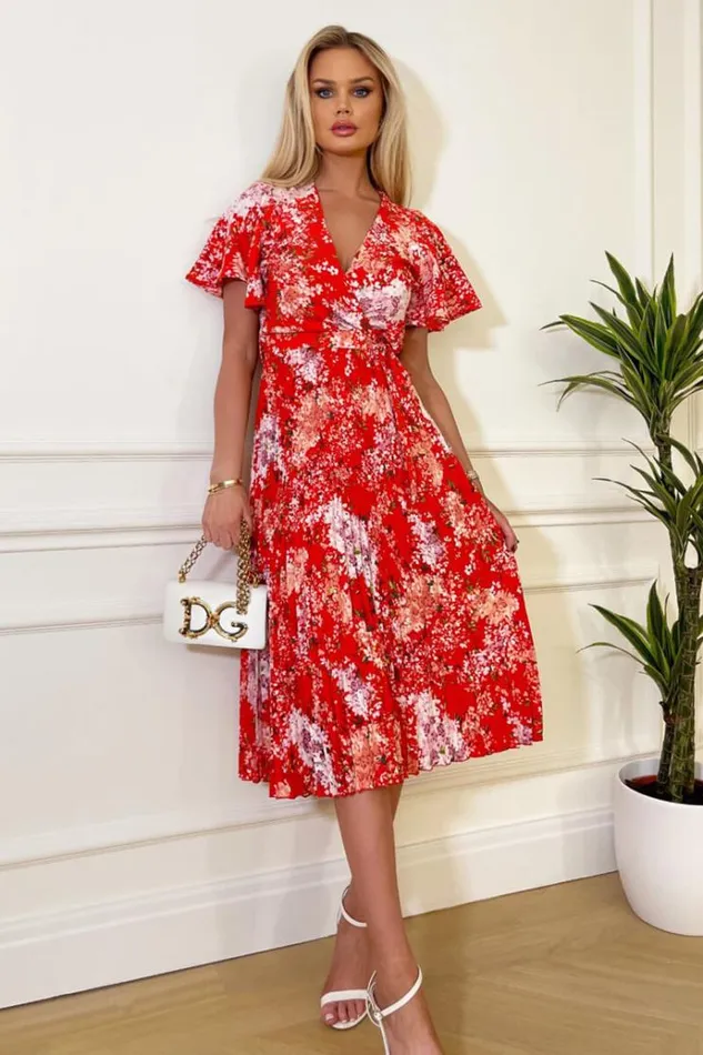 AX Paris Red Floral Printed Pleated Midi Dress Women Dresses