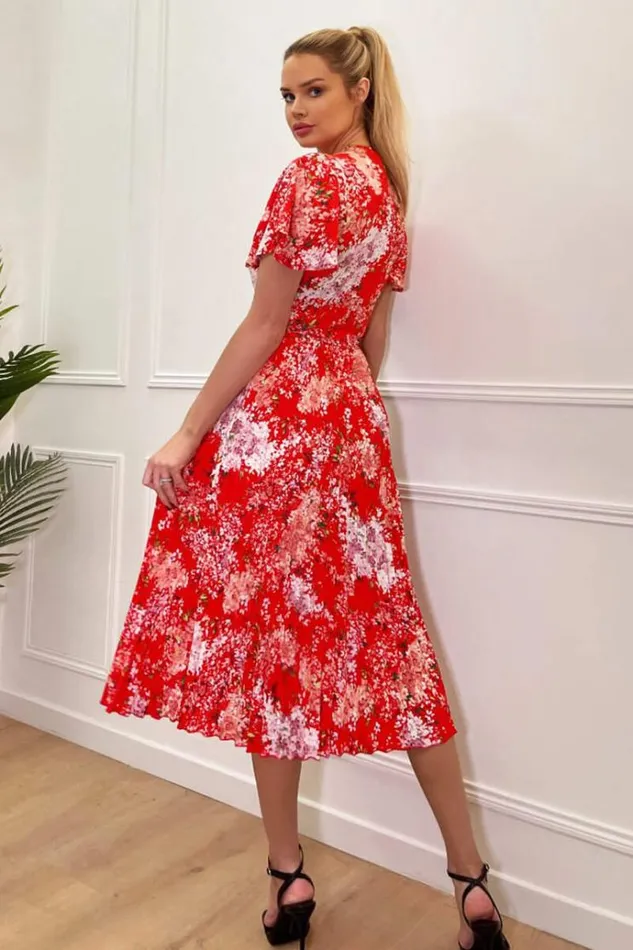 AX Paris Red Floral Printed Pleated Midi Dress Women Dresses