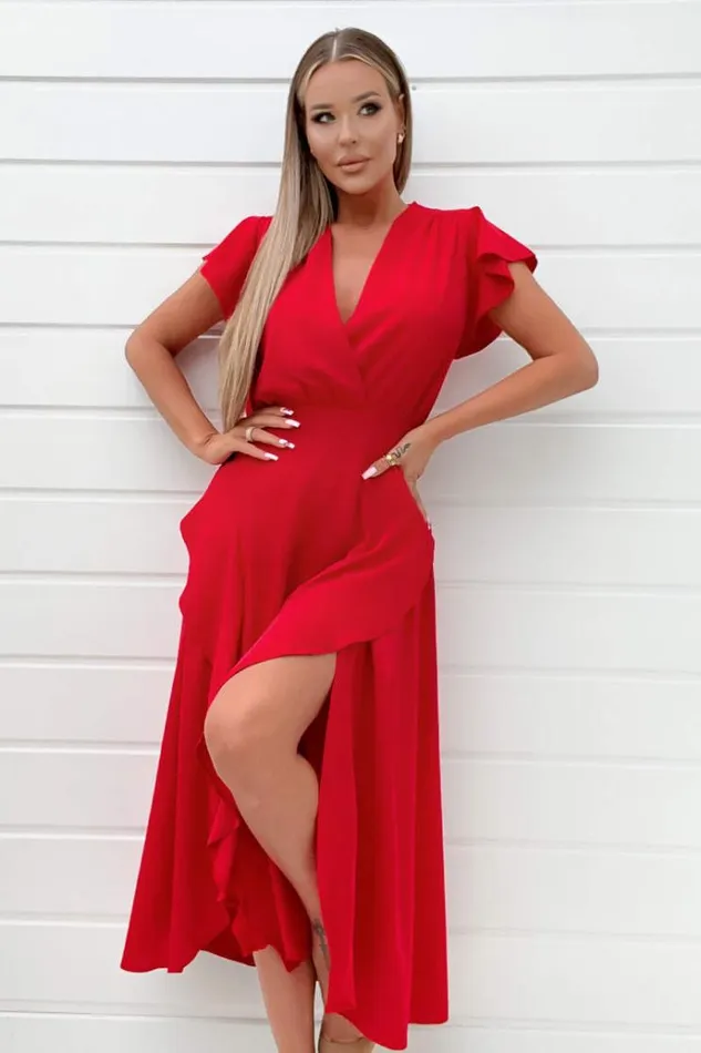 AX Paris Red Frill Detail Double Split Skirt Midi Dress Women Dresses