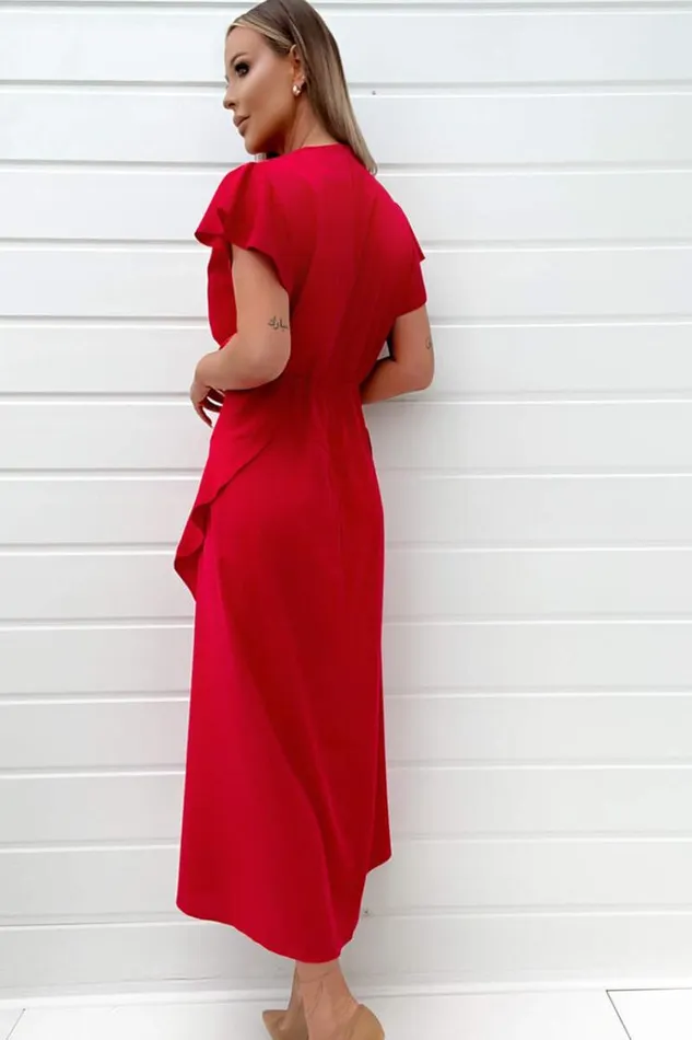 AX Paris Red Frill Detail Double Split Skirt Midi Dress Women Dresses