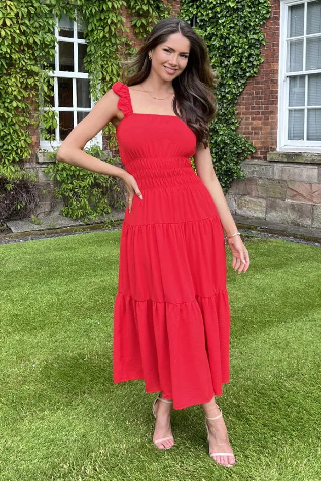 AX Paris Red Frill Strap Tiered Midi Dress Women Dresses